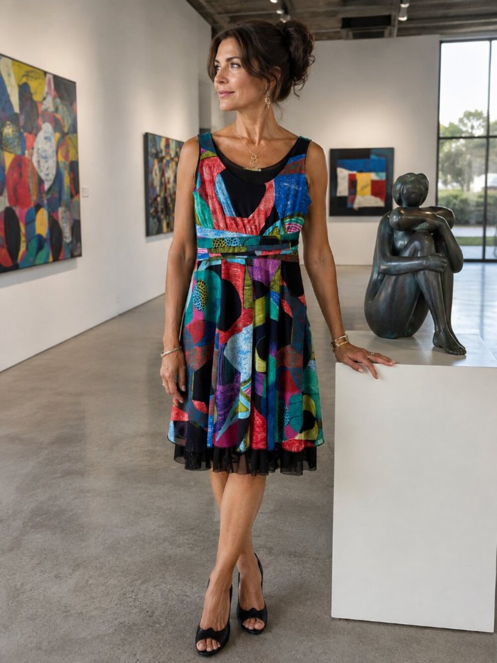DOLCEZZA Abstract Art Print Fit & Flare Dress Colorful Artsy Maximalist Chic